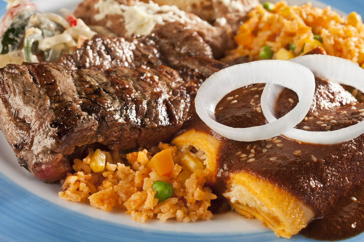 Mexican Food Combo Assorted Dish with Beef Fajita,Mexican Rice, Refried,Tamale with Mole Sauce and Vegetable Salad,Tex Mex Food