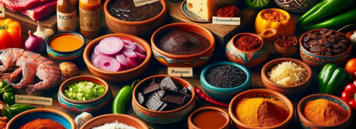 A colorful and vibrant array of authentic Mexican ingredients showcasing regional diversity. Include northern Mexican beef Yucatan achiote paste