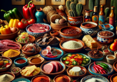 A colorful and vibrant array of authentic Mexican ingredients, showcasing regional diversity. Include northern Mexican beef, Yucatan achiote paste, Oa