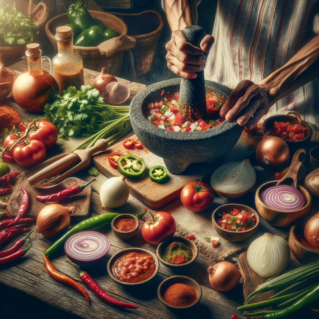  A vivid and detailed image showing the art of making homemade Mexican salsas. The scene includes a variety of fresh ingredients like tomatoes, chilies