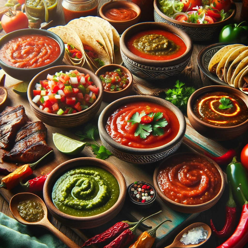 A vibrant and appetizing image showcasing the pairing of various homemade Mexican salsas with different foods. Include a selection of salsas like red 
