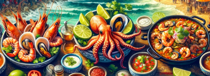 A beautifully arranged display of Mexican seafood cuisine. The focus is on a variety of seafood dishes, including a colorful ceviche with citrus slice