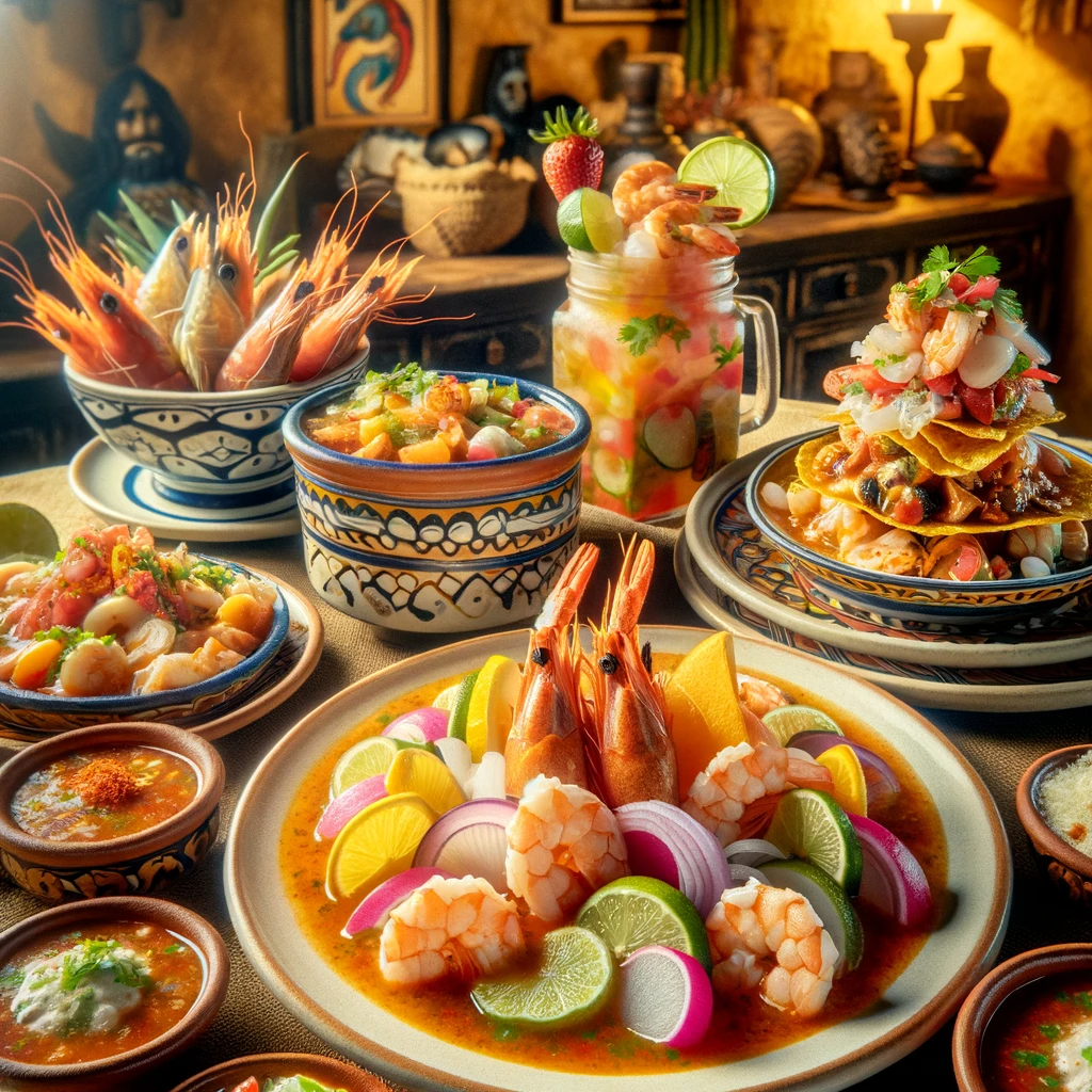 A beautifully arranged display of Mexican seafood cuisine. The focus is on a variety of seafood dishes, including a colorful ceviche with citrus slice