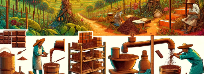 DALL·E 2024-01-02 16.09.28 - An illustrative and engaging image showing 'The Journey of Mexican Chocolate_ From Bean to Bar'. The image is divided into several sections, each depi