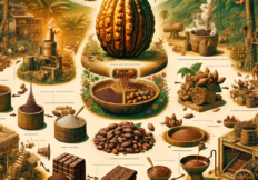 An informative and artistic representation of the transformation process of Mexican chocolate. The image should illustrate the various stages of choco