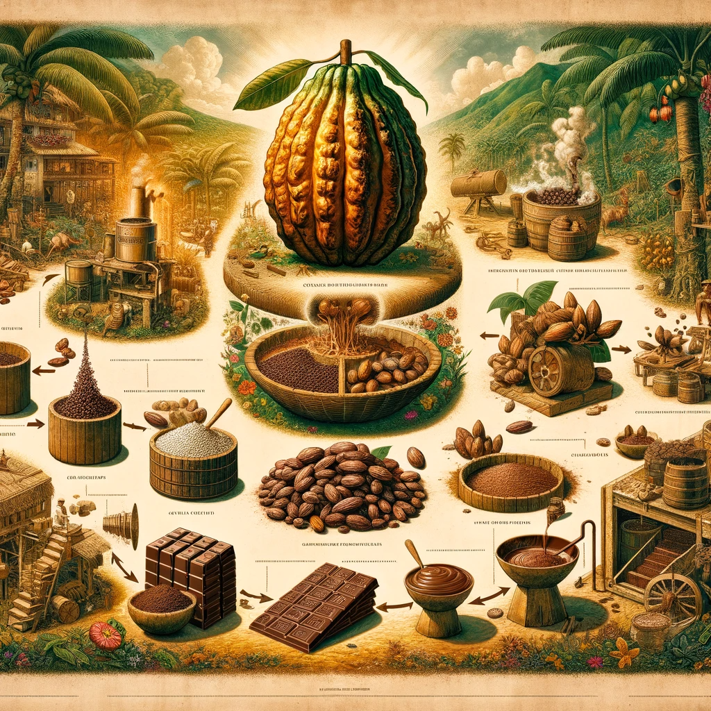 An informative and artistic representation of the transformation process of Mexican chocolate. The image should illustrate the various stages of choco