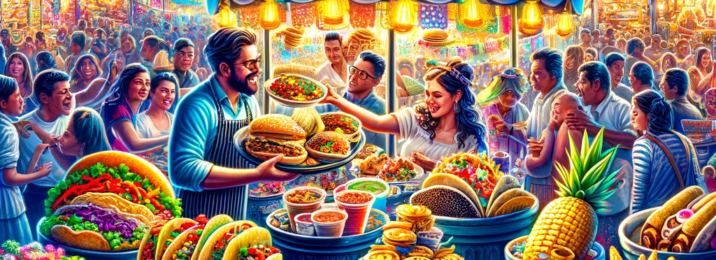 An exciting and colorful scene of Mexican street food, capturing the essence of a culinary adventure. The image features a bustling Mexican street mar