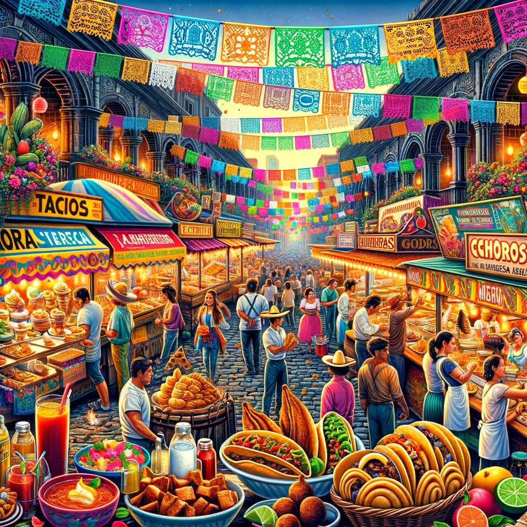 A lively and colorful depiction of a Mexican street food scene, illustrating a rich culinary adventure. The image showcases a vibrant street in Mexico