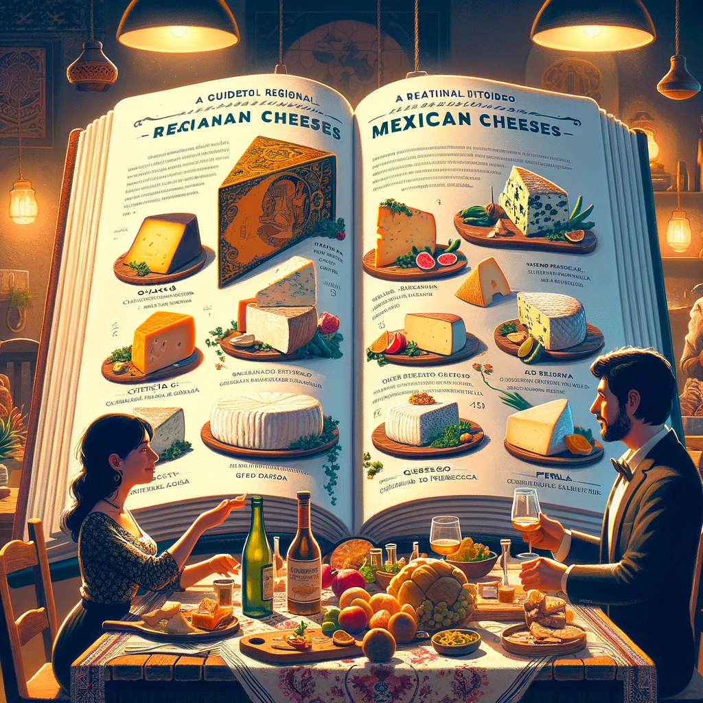 A visually rich and educational illustration depicting a guide to regional Mexican cheeses, emphasizing their flavors and pairings. The image includes